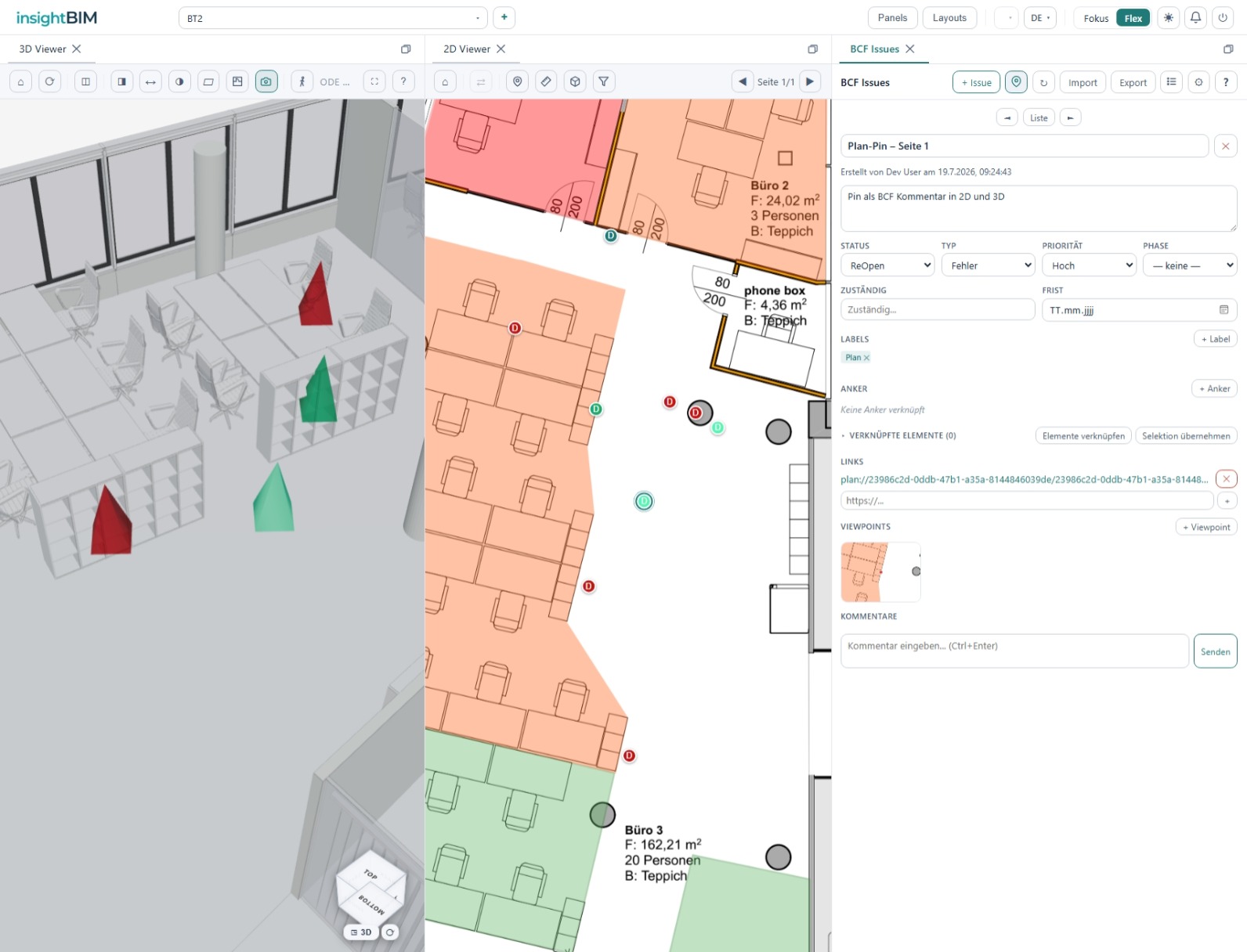 2D-Plan-Overlay in insightBIM: Grundriss mit Plan-Pins neben dem 3D-Viewer, rechts das BCF-Issue mit Status, Priorität, Labels und Viewpoint
