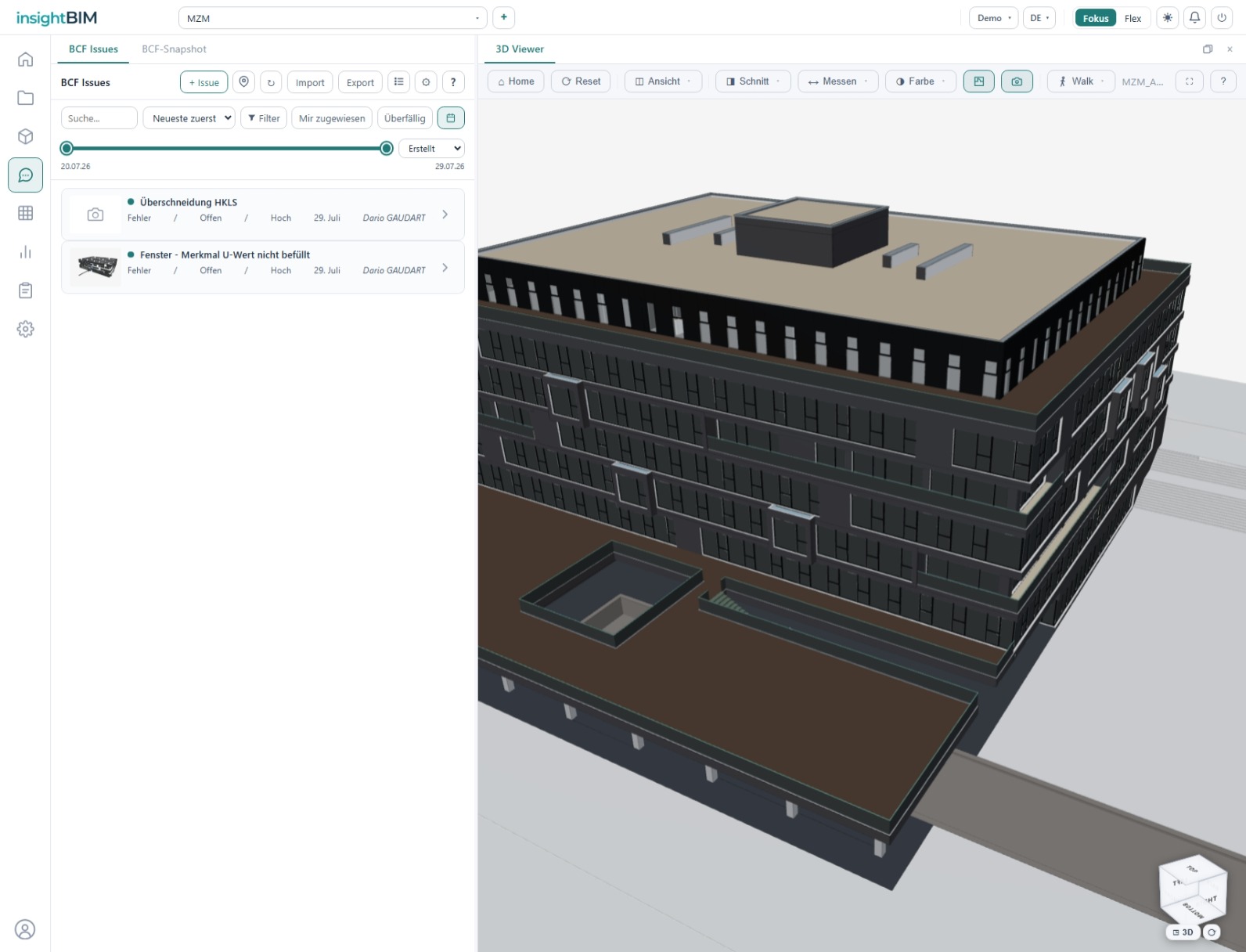 BCF-Issues mit Status und Priorität neben dem 3D-Viewer