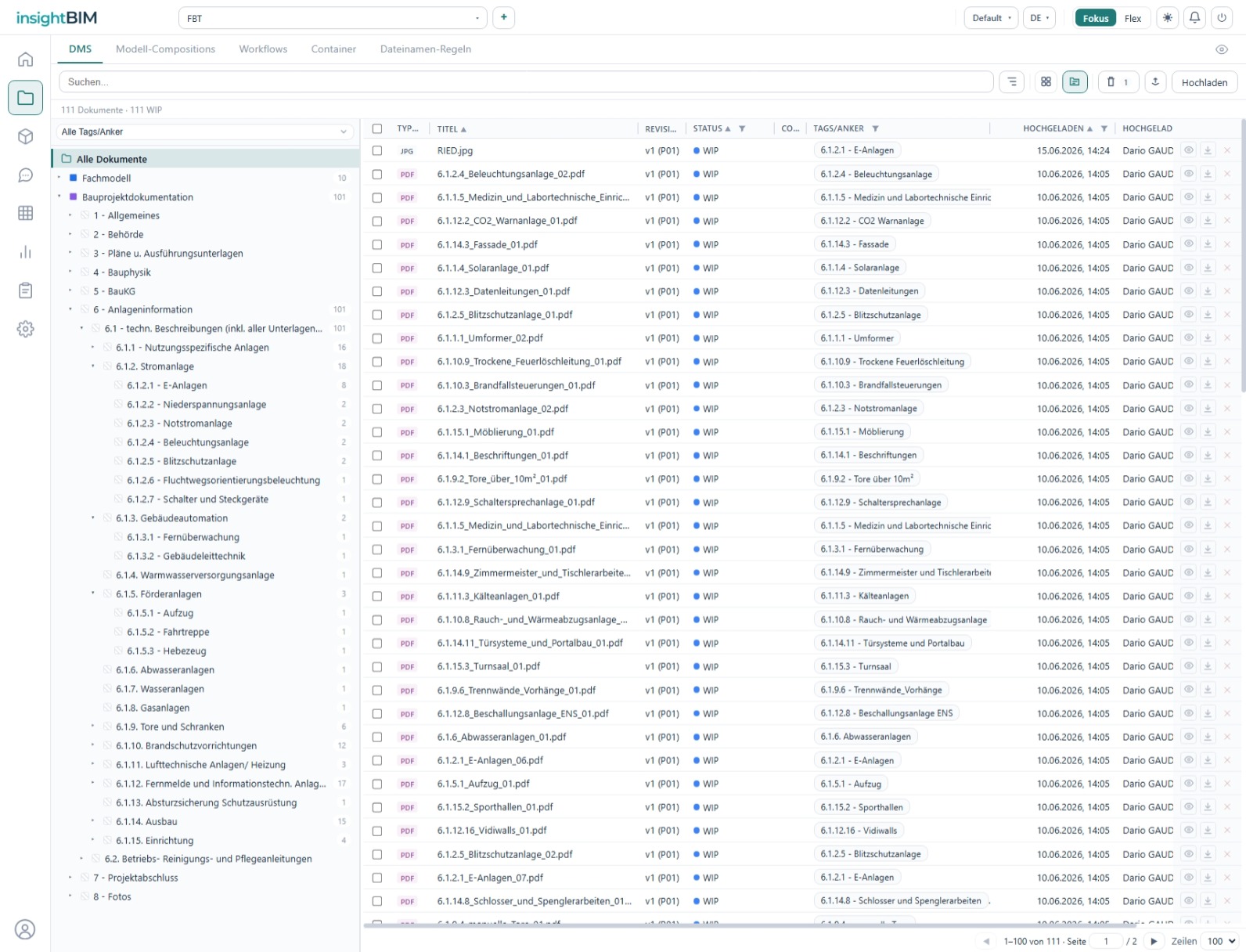 Dokumentenmanagement in insightBIM: Ordnerstruktur mit Dokumentliste, Revisionen, Status und Tags