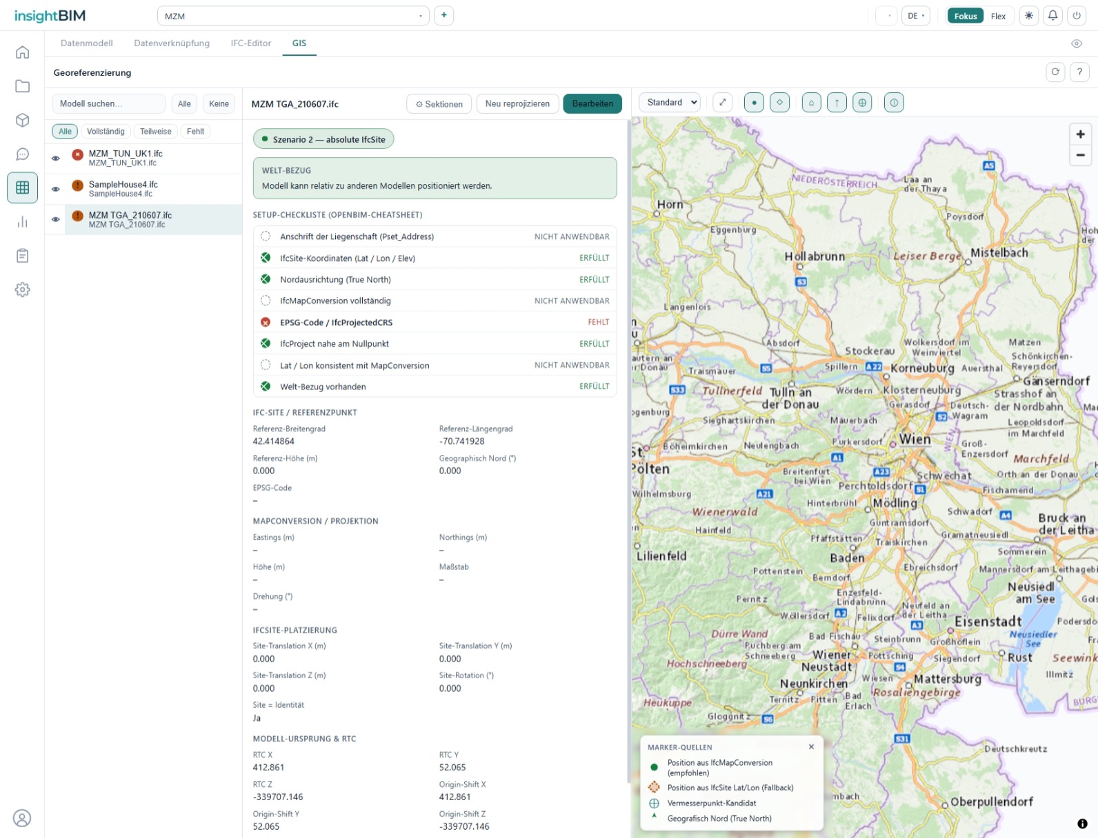 Georeferenzierung in insightBIM: Setup-Checkliste mit IfcSite-Koordinaten, MapConversion und EPSG-Code neben der Kartenansicht mit verorteten Modellen
