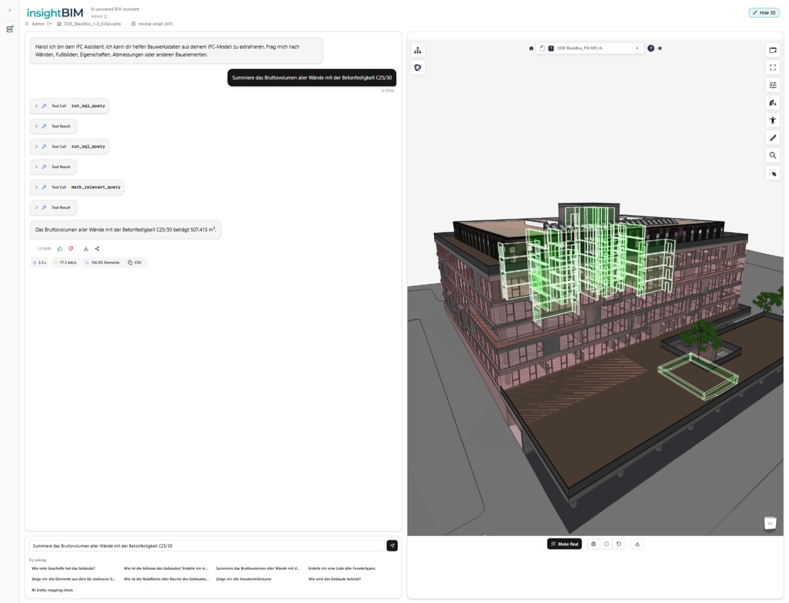 KI-Assistent in insightBIM: natürlichsprachliche Abfrage des Bruttovolumens aller C25/30-Wände, Antwort mit SQL-Abfragen und grün hervorgehobenen Bauteilen im 3D-Modell