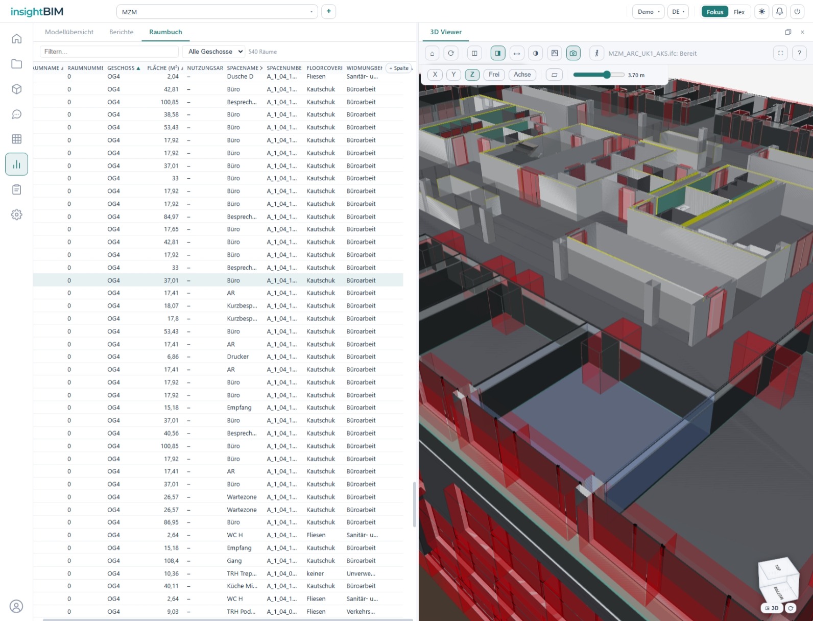 Raumbuch in insightBIM: Raumliste mit Fläche, Geschoss, Bodenbelag und Widmung neben dem 3D-Viewer mit Schnittebene